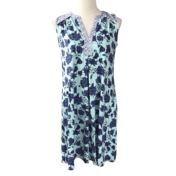 J Jill Floral Sleeveless Aqua Blue V Neck Dress Women’s Size Small Petite NEW - Picture 1 of 13